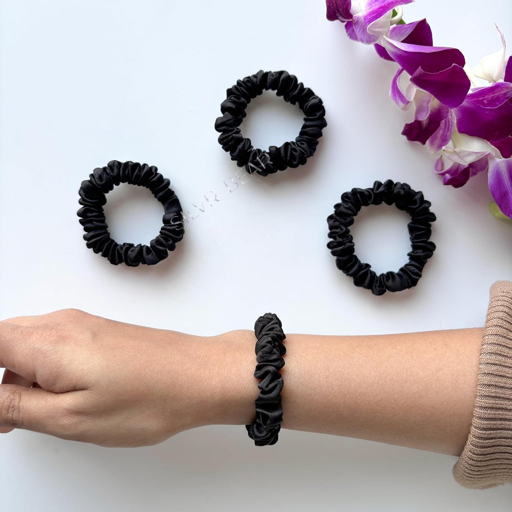 Premium Silk Scrunchies For Women - 10PCS Black Silk Hair Ties -No Crease,Tangle-Free Hair